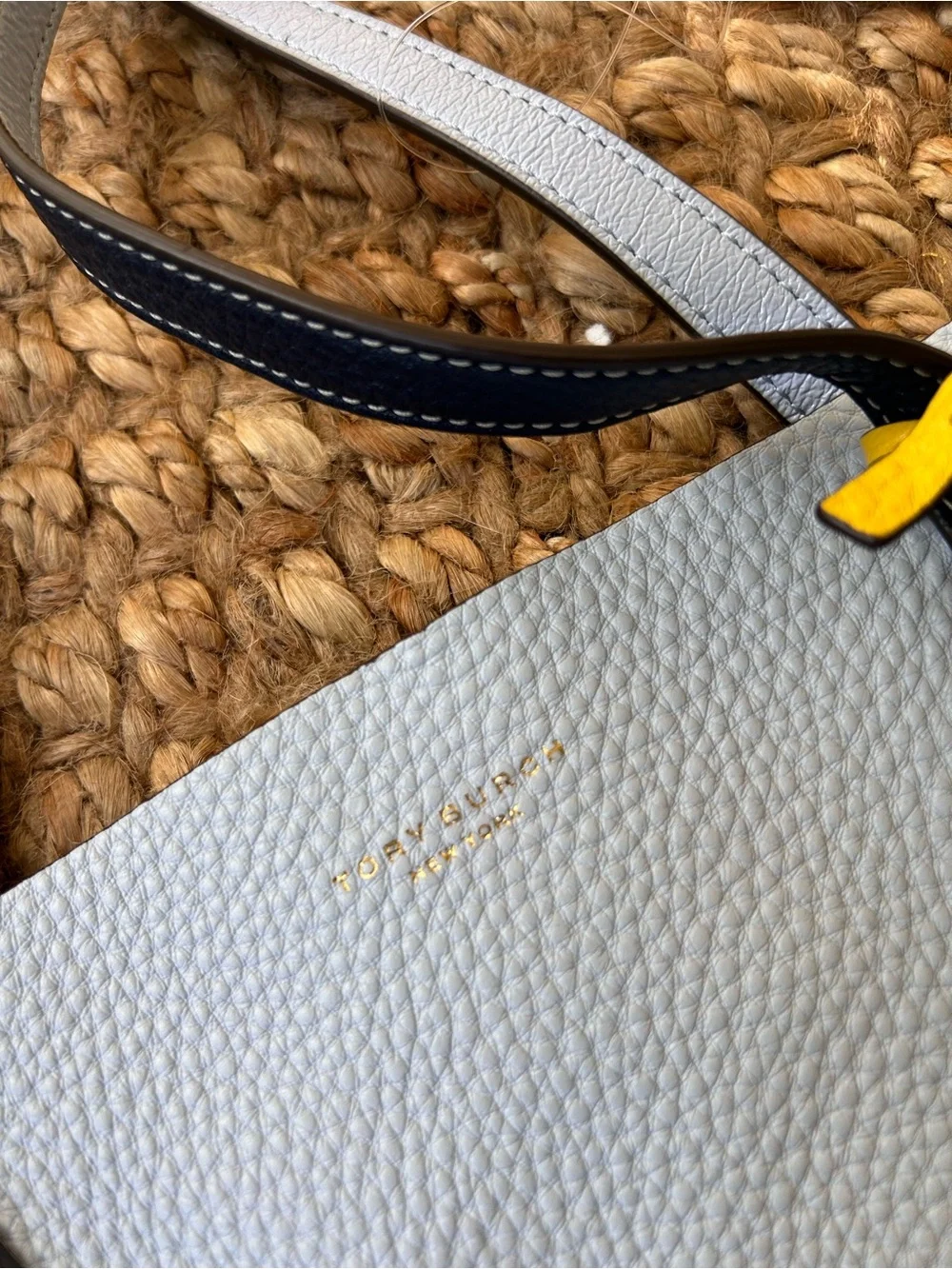 Tory Burch baby blue Pebbled Leather Tote with Orange, Red & Yellow Accents